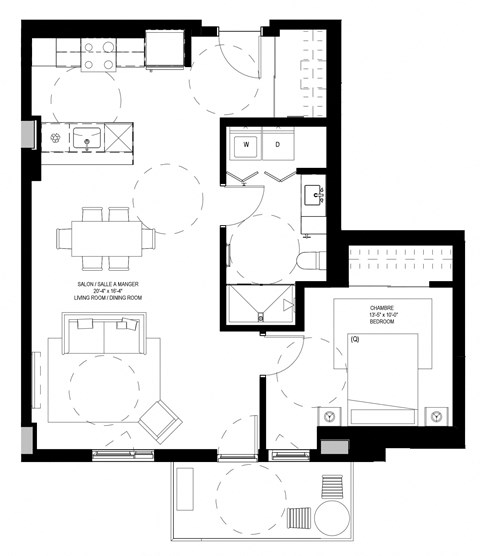 Floor plan for 1 bed, 1 bath, 820 sqft